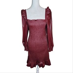 NEW 7 For All Mankind Faux Leather Smocked Ruffled Dress Oxblood Size Medium
